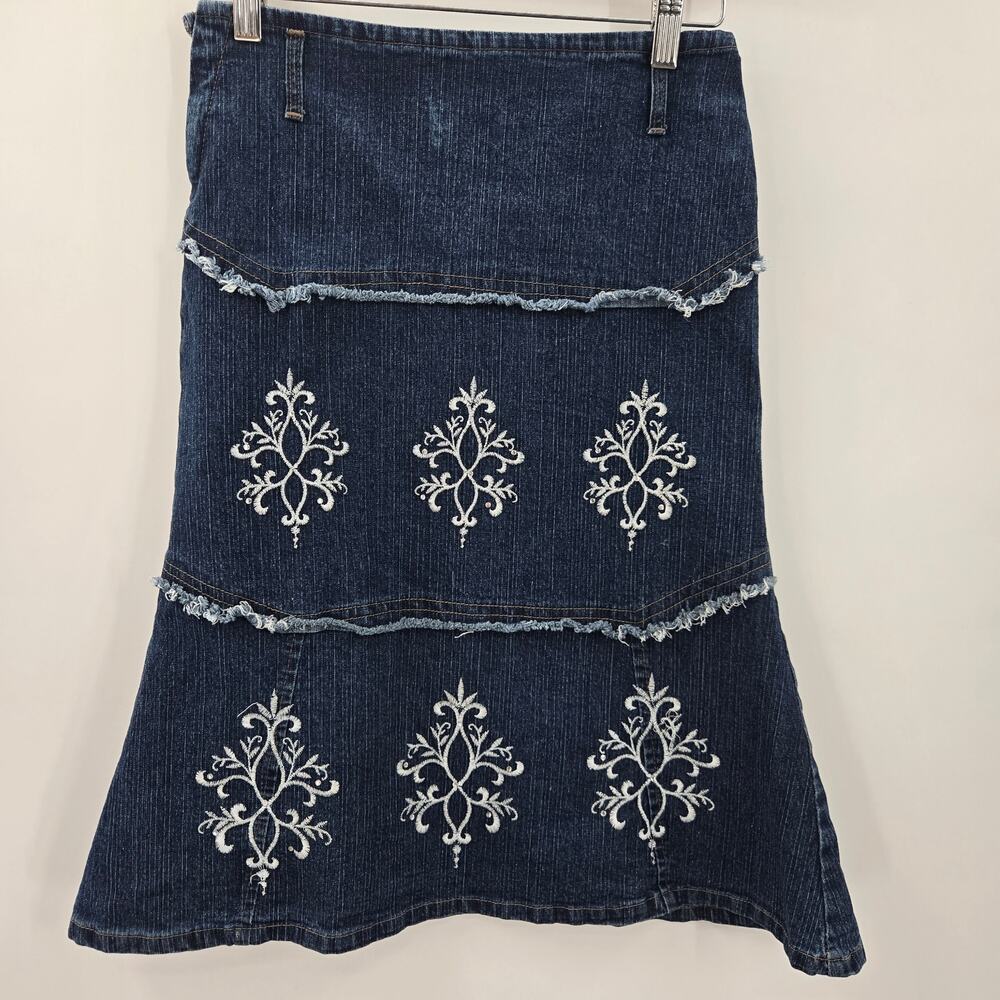 Gina Vtg Y2K Boho Western Fairy Tiered Embroidered Sequin Fray Midi Skirt 7/8